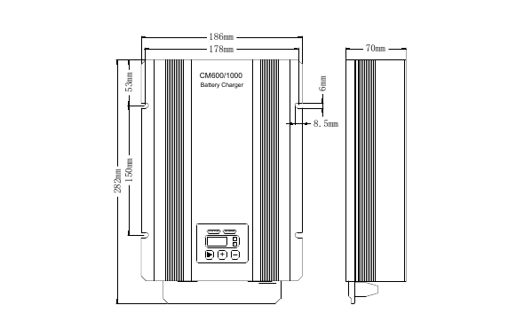 CM600 charger dimension drawing